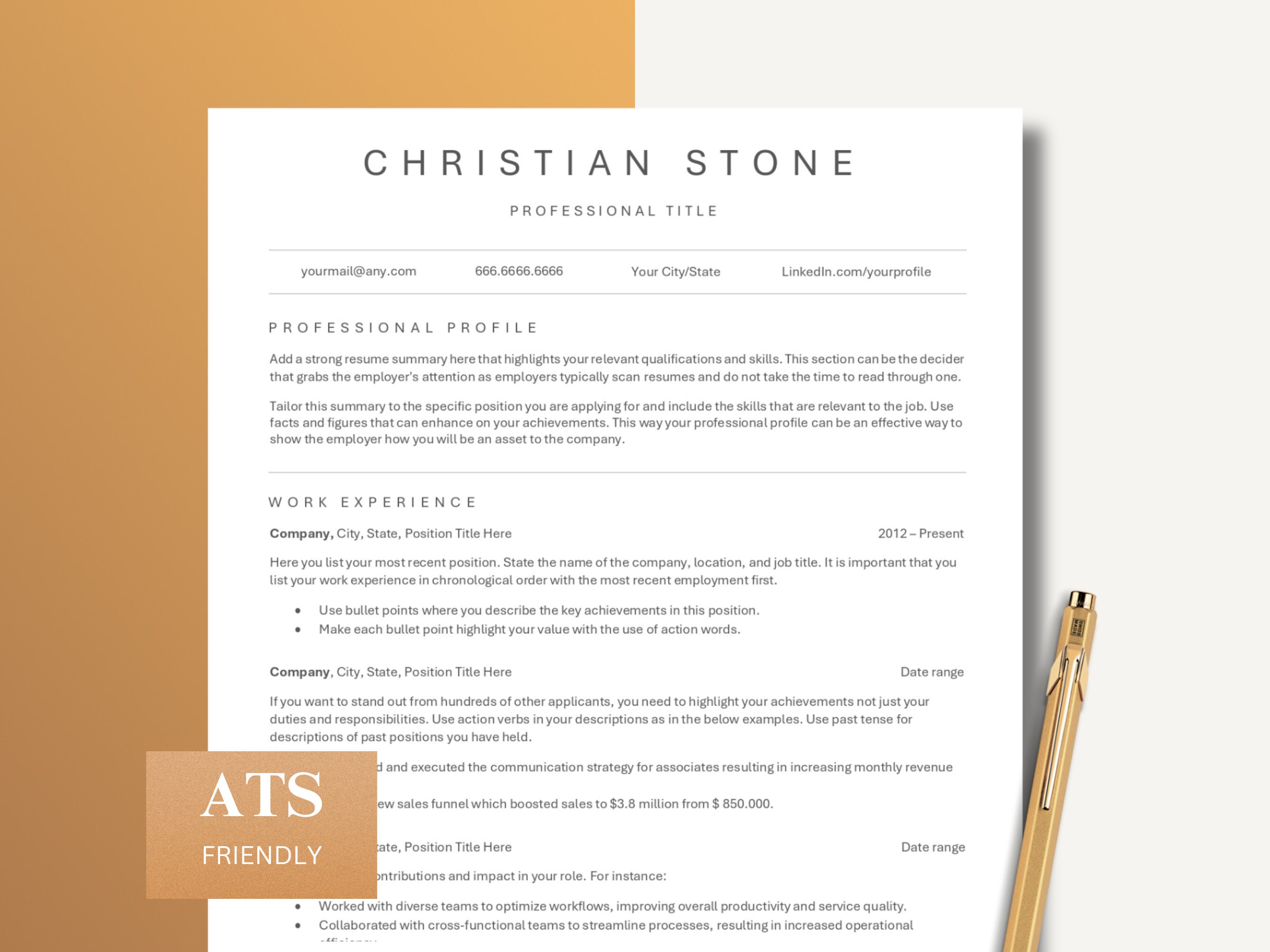 ATS Friendly Resume Template, Word and Pages, With Matching Cover ...