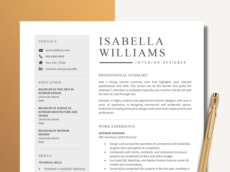 Interior Designer Resume Template Word and Pages Professional - Etsy