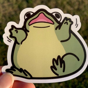 Sticker mollige kikker in paniek | Leuke vinylsticker voor bidons, laptops, autobumpers, skateboards | Unieke biologiecadeaus en amfibiekunst