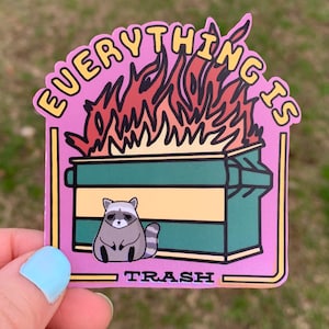 Everything is Trash Sad Raccoon Dumpster Fire Sticker / Funny Vinyl Stickers to Cheer Up During Depression / Decals for Depressed Teens