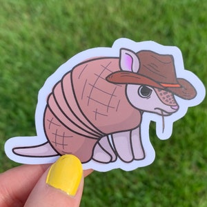 Pegatina de armadillo vaquero de tipo duro / Linda estética animal occidental kawaii / Pensando en ti, regalo para estudiante universitario, botella de agua, portátil