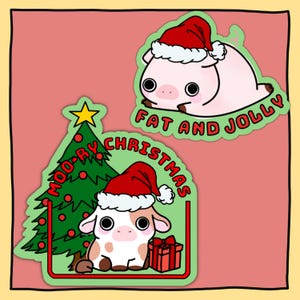 Paquete de 2 pegatinas navideñas de vaca y cerdo. Lindas y divertidas calcomanías navideñas de Moory Fat and Jolly para rellenar calcetines, inserto de tarjeta simple y económico, regalo para niños