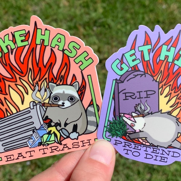 2 Pack Stoner Raccoon and Opossum Stickers / Smoke Hash Eat Trash Get High Pretend to Die Playing Possum Ego Death Decals Marijuana Cannabis