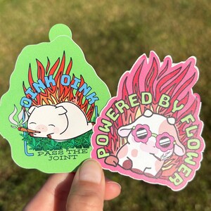2 Pack Stoner Farm Animal Stickers / Cute Funny Oink Pass the Joint Pig Powered by Flower Hippie Cow  Car Bumper Decals for Weed Marijuana