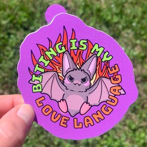 Biting is My Love Language Bat Bumper Sticker / Cute Funny Fall Halloween Vampire Cartoon Aesthetic Decal Sarcastic Dark Humor Kawaii Goth