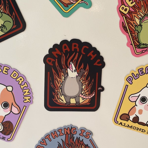 4 Inch Refrigerator or Car Magnet Anarchy Opossum / Angry Flaming Chaotic Rebel Funny Possum Housewarming Gift / College Dorm Decoration