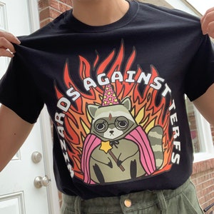 Wizards Against TERFs Raccoon Black T-Shirt / Cute Funny Harry Trans Inclusive Feminist Transgender Pride Potter Support Fantasy Book Magic