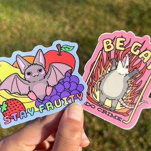 Paquete de 2 pegatinas de animales del Orgullo Gay / Mantente afrutado, murciélago de la fruta, sé gay, no delinques, zarigüeya, regalo económico, sencillo y queer, pensando en ti, para adolescentes LGBTQ