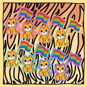 Orange Tabby Cat Waving Rainbow Pride Flag Car Bumper Sticker | Cute Funny Gay Queer LGBT Lesbian Decal Gift for Pet Kitten Owner Lover