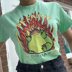 Camiseta con el mensaje "Sé un crimen, sé gay" y "Sé una rana". Linda, divertida, caótica, llameante, furiosa, queer, mes del orgullo LGBT, pensando en ti, regalo para salir del armario, felicitaciones, tonta y divertida.