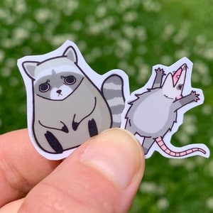 Paquete de 10 pegatinas de mapache y zarigüeya desdichadas. Adorables y divertidos animales de basura norteamericanos. Calcomanías individuales en copos pequeños. Regalo de correo feliz.