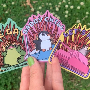 Set van 3 chaotische queer stickers/Be Gay Do Crime Frog/Let's Ride Vroom Vroom Charli XCX Possum/Daddy Chill Penguin/Internet Meme Humor