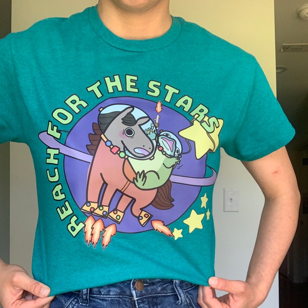 Reach for the Stars T Shirt / Cute Funny Outer Space Cowboy Frog Riding Horse Shooting Gun Lasso Rodeo Outfit Gift for Him Texan Teen Tween