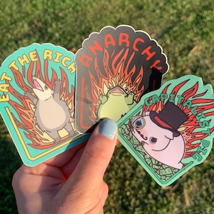 Paquete de 3 pegatinas de revolución anarquista y anticapitalismo / calcomanía de zarigüeya "Cómete a la zarigüeya rica", cerdo capitalista, rana anarquista, lindo regalo kawaii tonto para computadora portátil