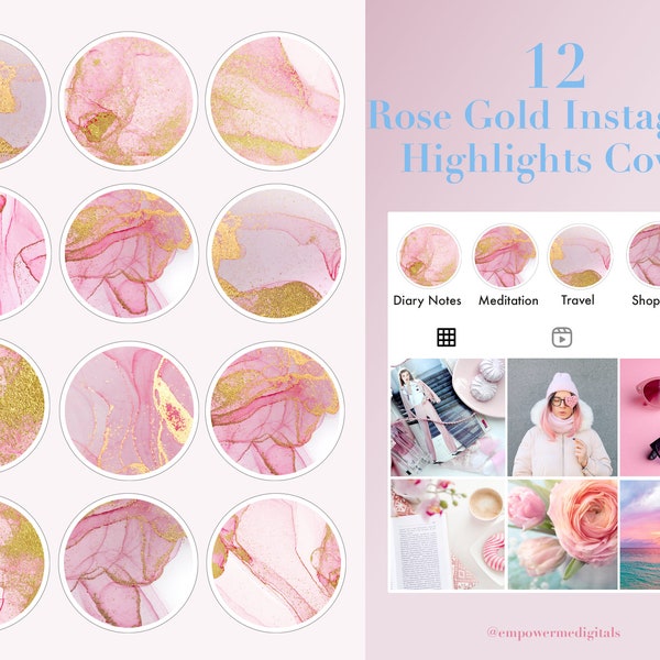 12 Rose Gold Marble Instagram Highlights Covers, Nude, Beige, Pink Earth Highlights Icons for Social Media, Branding, Advertising