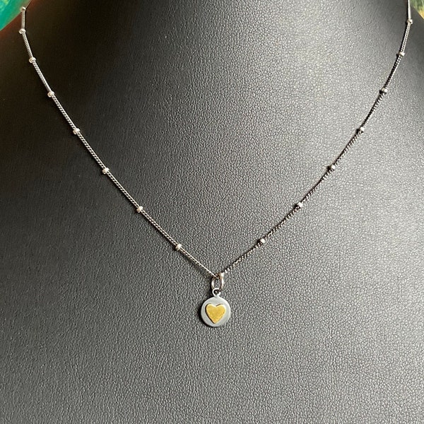 Minimal, delicate and unique! 10K gold heart in .925 oxidized sterling silver charm on oxidized sterling silver satellite chain 16”-18”