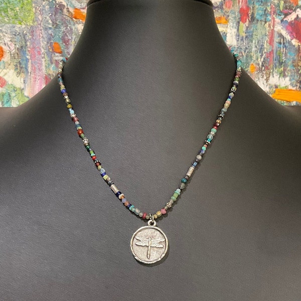 Dragonfly Pendant Necklace: Antique Silver, Gemstone Beads, Boho Unisex