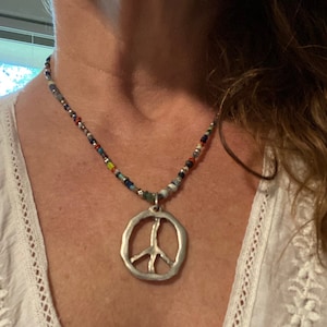 BOHO UNISEX unique beaded w/large peace sign pewter pendant."Urban Boho" 3 sizes of beads available. Now available in GOLD, patina & bronze.