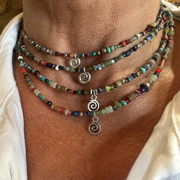 Matte Gemstone Beaded Choker: 2 Style Charms. Sterling Silver Or Silver Tone, Natural Stone Necklace