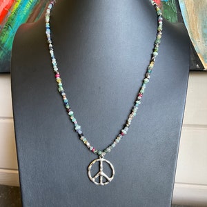 UNISEX BOHO hippie ALL gemstone beaded necklace with handmade organic pewter peace pendant. Long 23" Made to Order. Bright fun colors!