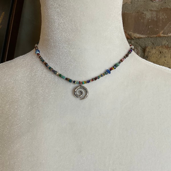 Silver Swirl Pendant Necklace: Boho Bead Mix, Ancient Beads, African Beads, Gemstone Beads