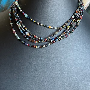 Small & medium sized beads on long UNISEX BOHO necklace in dark, unique, unusual, surprisingly elegant beads. Made to order. All different