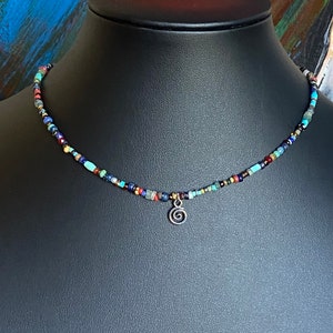 3 differet lengths available Colorful small beaded choker with teeny silver swirly charm. Unisex, Boho and hippie style & easy Made to order