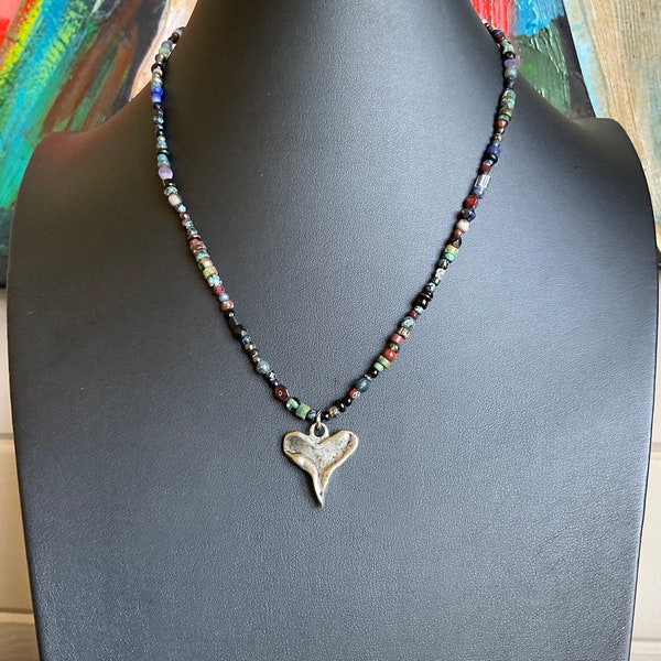 Pewter handmade pinched heart pendant on SMALL dark bead mix beaded necklace UNISEX hippie BOHO 18.5" made to order