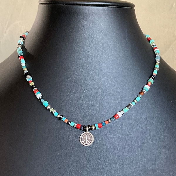 KHT sterling silver thick sterling silver peace charm on brand new premium turquoise & sterling Navajo bead mix. Different lengths available