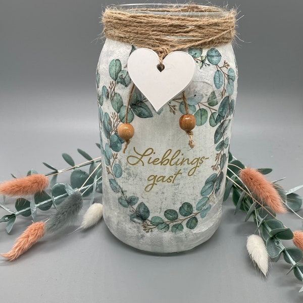 Vase aus Glas Serviettentechnik „Lieblingsgast“ Geschenkidee  Tischdeko Dekoration Deko Windlicht