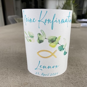 Lichthülle Windlicht individuelle Geschenkidee personalisierbar Taufe Kommunion Konfirmation Tischdeko Deko
