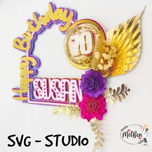 あらゆる年齢層に適したかわいいボヘミアン ケーキ トッパー、SVG および Studio。装飾も含まれています。