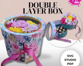 Dubbellaagse ronde vormige bloem geschenkdoos, digitaal bestand, SVG, Studio en PDF. Opgerolde bloem en blad zijn inbegrepen.