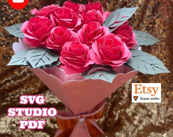 Bouquet of paper flowers, gift box BOUQUET AND FLOWERS, Svg, Studio and Pdf.