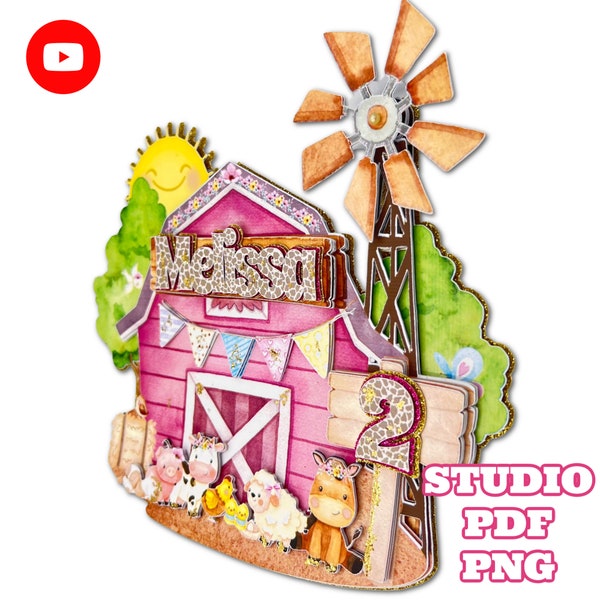 Farm cake topper, PNG, PDF and Studio.