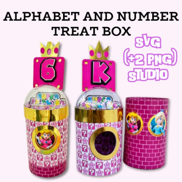 Princess Peach Alphabet and Number Treat box, candy holder. SVG and Studio.