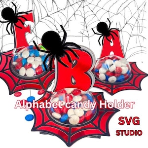 Ornamento de doces do alfabeto aranha, festa do Homem-Aranha, arquivo digital SVG e estúdio com mecanismo de abertura