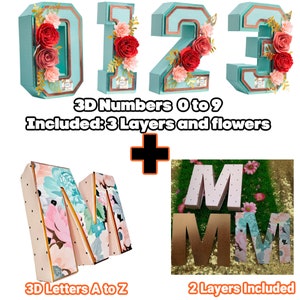 Letra 3D A-Z e números 0-9, camadas incluídas. PDF com corte digital SVG e arquivo Studio. Para Cricut, Silhouette e tesoura.