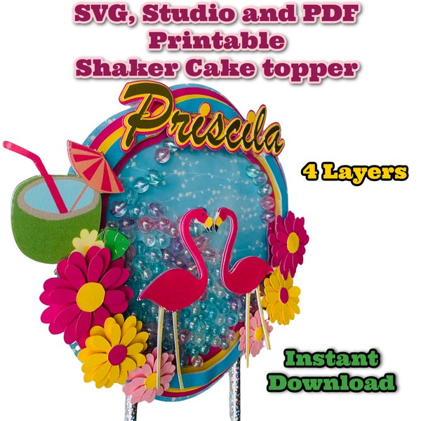 Flamingo Shaker Cake topper SVG, Studio and PDF