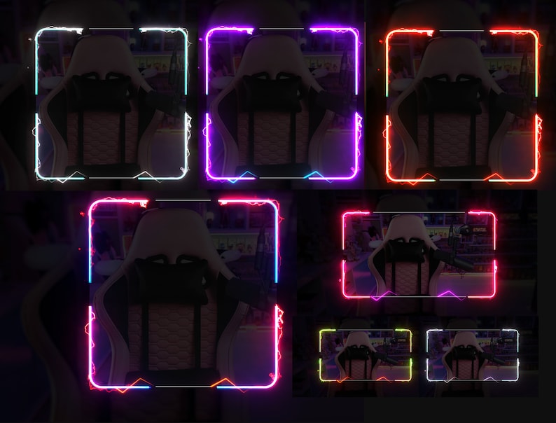 May include: A black gaming chair with a white and black patterned design is framed by a neon light border in various colors, including pink, blue, red, and green.