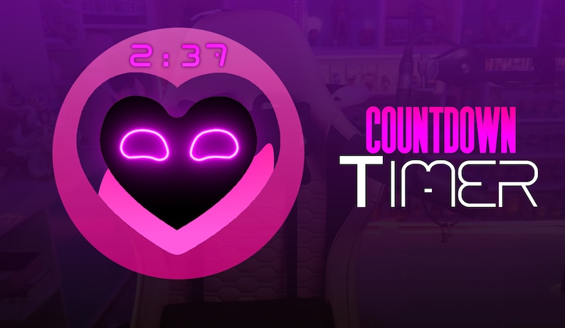 May include: A pink and purple countdown timer with a heart shape and the text "COUNTDOWN TIMER" and "2:37" displayed.