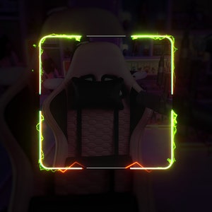 May include: A white and black gaming chair with a black headrest and lumbar support. The chair is framed in a neon green and orange border.
