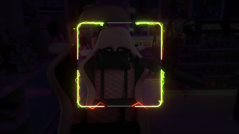 May include: A white and black gaming chair with a black headrest and lumbar support. The chair is framed in a neon green and orange border.