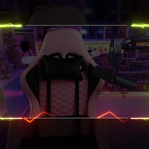 May include: A pink and black gaming chair with a black headrest pillow. The chair is in front of a shelf with various items on it. The chair is framed by a neon green and orange border.