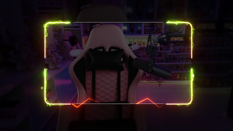 May include: A pink and black gaming chair with a black headrest pillow. The chair is in front of a shelf with various items on it. The chair is framed by a neon green and orange border.