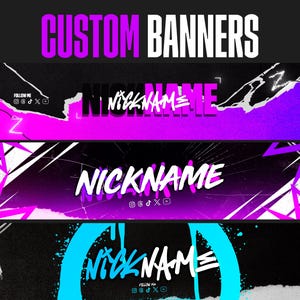 May include: Three digital custom banners featuring the text NICKNAME in various styles. The top banner uses purple and black with white accents. The middle banner features a shattered glass effect in purple and white. The bottom banner uses blue.