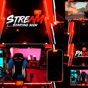 Może przedstawiać: Nakładka na strumień Twitch w kolorze czerwonym i białym na czarnym tle. Nakładka zawiera wzór błyskawicy i tekst "STREAM STARTING SOON". Są też mniejsze nakładki na "ENDING", "PAUSE" i transmisję z kamery na żywo.