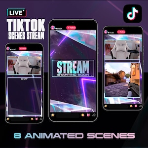 May include: Three smartphones showcasing animated scenes for TikTok streams. The screens display a gaming chair, a first-person shooter game, and a chat interface. Text includes "LIVE," "TIKTOK SCENES STREAM," and "STREAM STARTING SOON." The background is a gradient of purple and black.