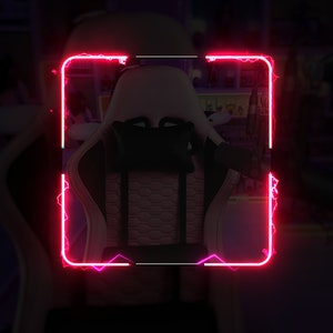 May include: A white and black gaming chair with a pink neon border. The chair has a headrest and lumbar support.