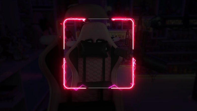 May include: A white and black gaming chair with a pink neon border. The chair has a headrest and lumbar support.